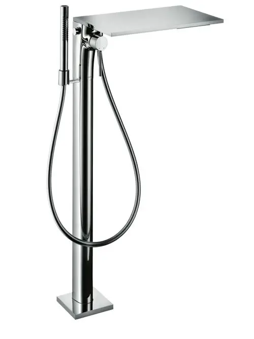 Bodenstehender Einhebel-Wannenmischer in poliertem Chrom mit Handbrauseanschluss, modernem Design von AXOR, geeignet für Bad-Installationen.